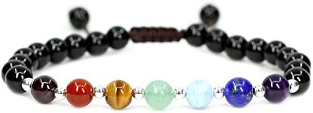 Gemstones Natural 7 Chakra 6MM A Grade Black Tourmaline Round Beads Adjustable Braided Macrame Tassels Bracelet 7-9 inch Unisex