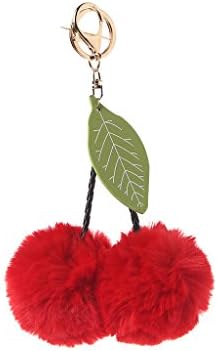 Kansea Rabbit Fur Key Chain Bag Charm Fluffy Puff Ball Cherry Ring Car Pendant(Red)