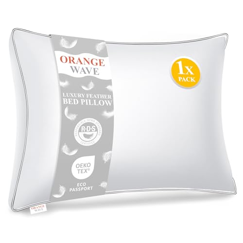 Orange Wave Duck Feather and Down Pillow – Luxury Hotel Quality Bed Pillow with Soft Medium Support,Hypoallergenic,Machine Washable,Ideal for Back & Side Sleepers,Standard (Pack of 1)