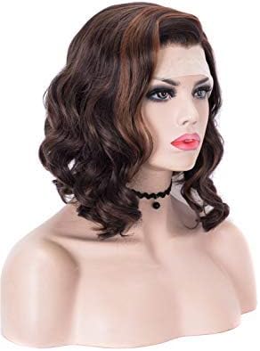 Imstyle Bob Brown Lace Front Wigs Short Synthetic Hair Wig for Women Retro Curly Heat Resistant Hair Wigs Natural Hairline with Wig Caps