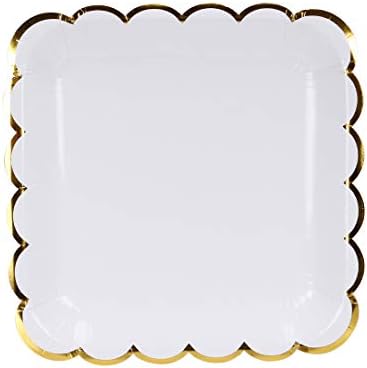 White Paper Plates Set, Gold Paper Party Plates with Metallic Gold Border, 9 inch Paper Dessert Plates, Simple White Decorative Plates Set, 20 count