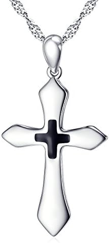Sterling Silver Simple Black Prayer Cross Pendant Necklace for Girls Women with Rolo Chain