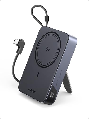 UGREEN 10000mAh Power Bank QI2 15W Inalámbrico PD 30W Carga Rápida, Bateria Portatil iPhone con Cable USB-C Integrado y Soporte Plegable, Pila Portatil Magsafe Compatible con iPhone 17/16/15, Galaxy
