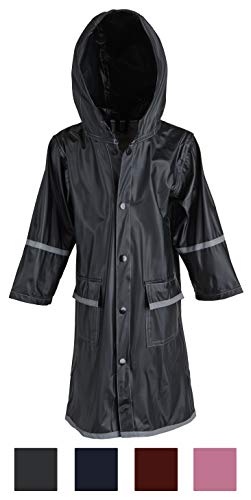 Kid's Rain Jacket:Big Girls Kids Waterproof Full Length Long Hooded Raincoat Jacket for Children - Black (Large)