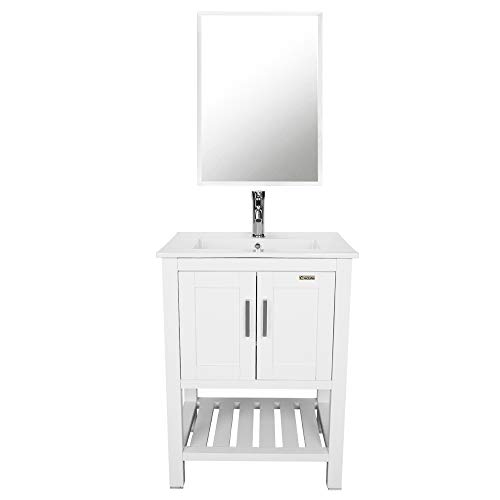 U-Eway White Bathroom Vanity Sink Mirror Rechtangle Ceramic Sink Drop In With Overflow 24"Lx20"D Eco-friendly Wood White, With Chrome Faucet And Pop Up Drain Combo - Thumbnail 7