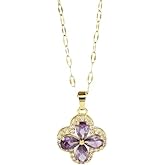 DIAMANTIO 18K Gold Plated Purple Flower Pendant Necklace – Dainty Four-Petal Design with Cubic Zirconia Accents, Elegant Chain Jewelry