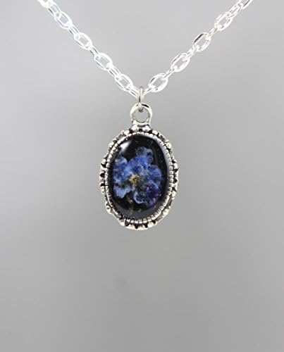 Blue Forget Me Knot Real Flower Terrarium Minimalist Necklace with Silver Tone Chain - 18 Inch