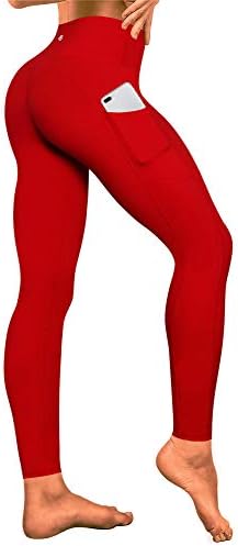 Quick Drying Leggings, Women High Waist Yoga Pants with Pocket Gym Pilates Slim Fit Stretch Sports Tights for Workout Running Barre,Red,XS