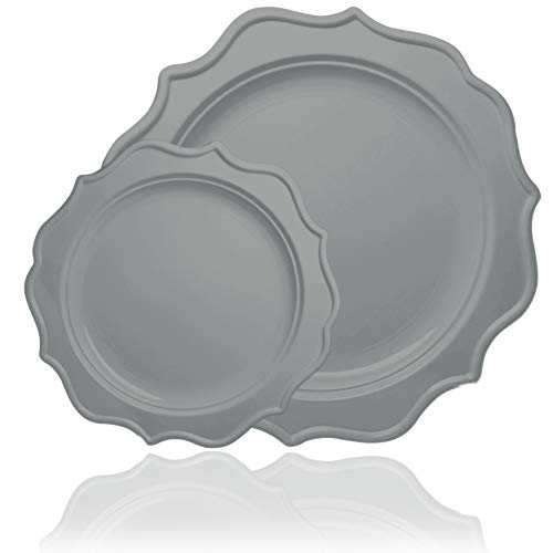 Tiger Chef 96-Pack Silver Color Round Scalloped Rim Disposable Plastic Plate Set for 48 Guests Includes 48 10-Inch Dinner Plates, 48 8-Inch Salad Plates - BPA-Free