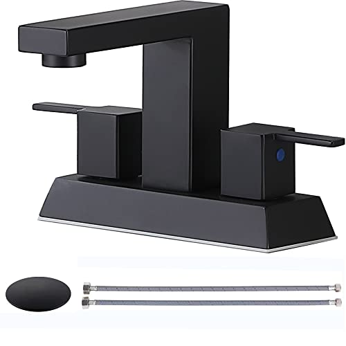 Photo 1 of Friho Matte Black 4 Inch Bathroom Faucet, Lavatory Basin RV Bath Vanity 2 Handle Centerset Bathroom Sink Faucets for 3 Hole with Water Hoses and Pop up Drain