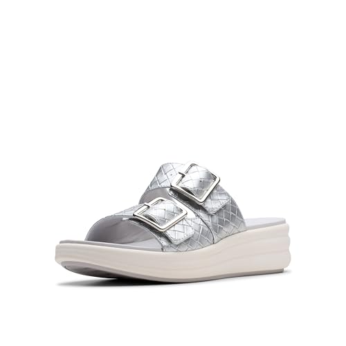 Clarks CloudSteppers Women's Drift Buckle Slide Sandal, Silver Metallic, 7.5 W…