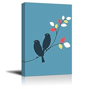 Canvas Birds Series - Couple Birds Standing Together on a Branch with Colorful Leaves - Giclee Print Gallery Wrap Modern Home Art Ready to Hang - 12x18 inches