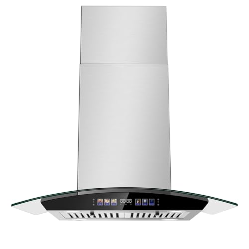 Island Range Hood 30 Inch 700 CFM Ceiling Mount Kitchen Vent Hood Tempered Glass with Color Gesture Sensing & Touch Control, 3 Speed Fan, 4 LED Lights, Permanent Filters