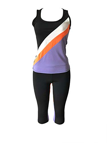 Women's Apparel Sports Gym Yoga Workout Activewear 2 Pieces Top+Leggings Set (S/M = US Size 4-8, Purple/Orange Black Mix)