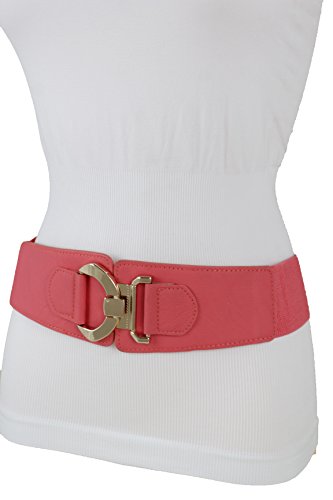 TFJ Women Wide Elastic Coral Pink Fashion Belt Hip Waist Gold Metal Buckle M L XL