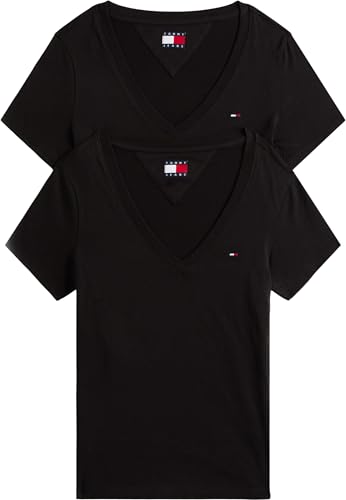 Donna T-Shirt Maniche Corte Confezione da 2 con Scollo a V, Nero (Black/Black), XXS