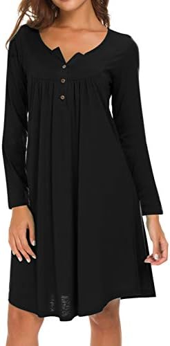 Eanklosco Womens V Neck Dress Casual Swing Simple Ruffle Button up Loose Dresses Long Sleeve