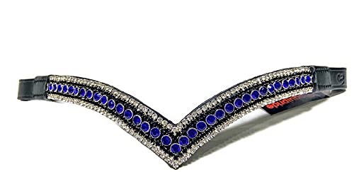 Equipride Beautiful V Shape Bling Crystal Browband Sparkly 5 Row Blue/Black/Clear (Brown Leather, Cob (15"))