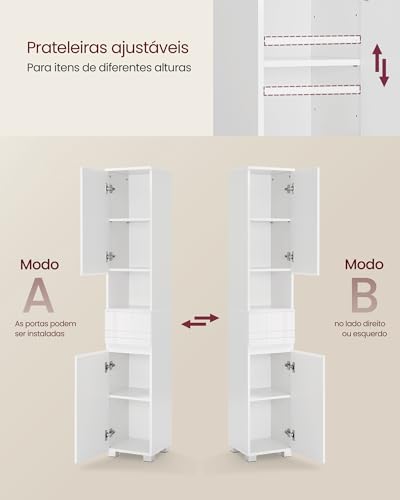 VASAGLE Armário Alto para Banheiro, Armário Estreito de Armazenamento, Armário Compacto, Unidade de Armazenamento para Banheiro, com Gaveta, Prateleiras Ajustáveis, 30 x 30 x 170 cm, Branco BBC560P31