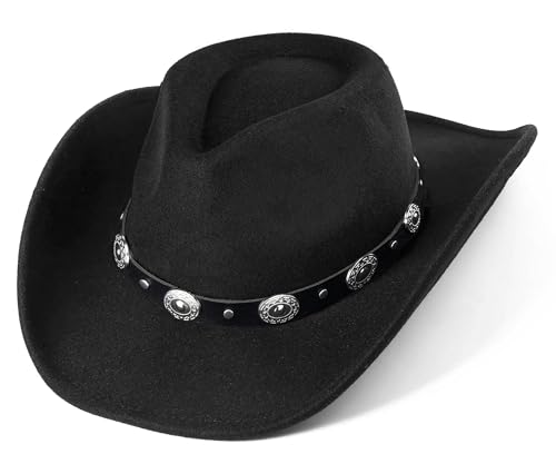 Chapeaux de cowboy occidentaux pour femmes et hommes à large bord en feutre Panama Cowgirl Fedora, noir, taille M, noir, M