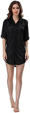 RAYYEE Women's Short Sleeve Satin Pajama Top Boyfriend Style Silk Sleepwear(Black) ,US  large, Asian XL