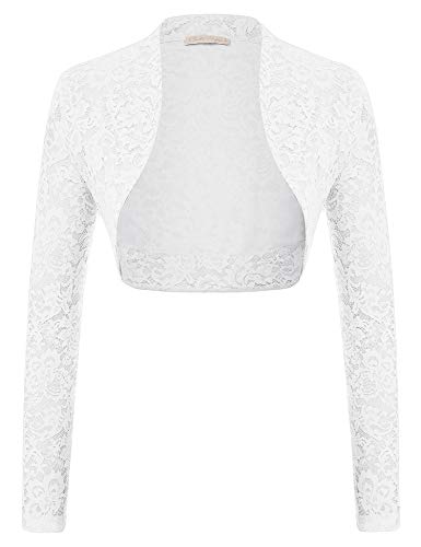 Classy Hot Fitted Party Long Sleeve Floral Shrug Crop Jacket(White,L)