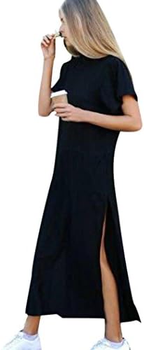 Sinineflower Women Casual Short Sleeveless Maxi Sexy Side High Slit Black Short Sleeves Dress (L, Black)