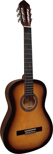 44-GITARRE-KONZERTGITARRE-IM-SET-CLASSIC-SUNBURST-DECKE-LINDENHOLZ-TASCHE-BAND-SAITEN-3xPIK-STIMMGERT-ET33B-C25