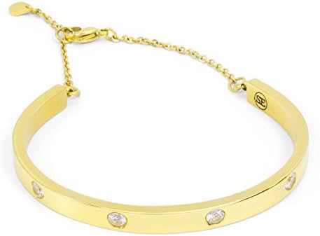 Women's Bangle Bracelet - Yellow Gold Thick Cuff w/ Cubic Zirconia Adjustable Chain in Stainless Steel - Fashion Jewelry