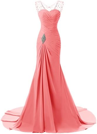 JoyVany Sexy Mermaid Prom Dress 2016 Beaded Chiffon Long Formal Party Dresses Coral Size 16