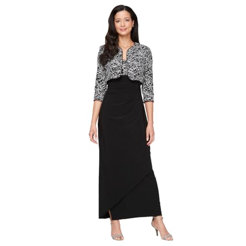 Alex Evenings Women's Empire Waist Dress with Side Ruched Skirt and Jacket (Petite and Regular Sizes) Special Occasion, Black/White, 16