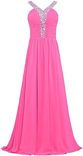 Oumans Women's V Neck Crystal Straps Long Prom Dresses Evening Gowns Rose Pink us8