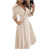 OSCORP Women's Midi Dress 3/4 Sleeve Collared Wrap with Belt A-Line Dress with Pockets for Everyday Office Daily Wear