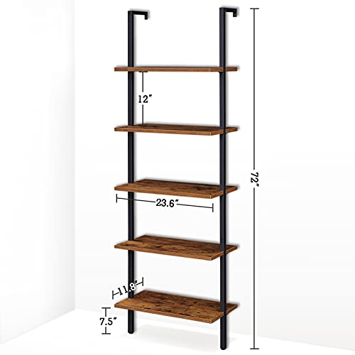 PRAISUN Ladder Shelf, 5 Tier Industrial Bookshelf for Bedroom, Open