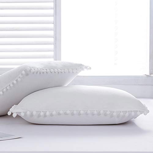 MoonxHome Pom Pom Fringe Pillowcases, Double Brushed Microfiber Pillow sham Pillow Cover Set Standard/Queen Size White