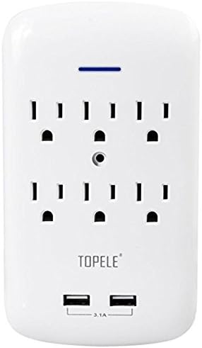 TOPELE Multi Surge Protector, 6-AC Wall Outlet Mount Power Outlet Plug with 2 USB (3.1A) Charging Ports, 6 Outlet Wall Adapter Tap with USB Charger, White, ETL Listed
