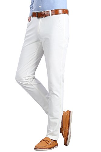 INFLATION Mens Slim Tapered Stretch Flat Front Casual Pants 100% Cotton Dress Pants Trousers for Men,22 Color Choices,White Pants Size 30