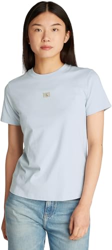 Calvin Klein Damen T-Shirt Kurzarm Woven Label Regular Tee aus Baumwolle, Blau (Niagara Mist), L