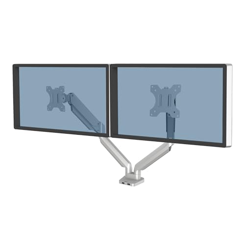Fellowes Monitor Halterung 2 Monitore bis je 32 Zoll (81,28 cm), Platinum Series Monitor Arm mit Gasfeder, USB Ports - Befestigung mit Klemme oder an Kabeldurchlass - Farbe: Silber