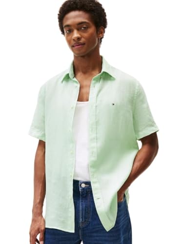 Tommy Hilfiger Men’s Pigment Dyed Linen Regular Short Sleeve Shirts, Opal Green X-Large