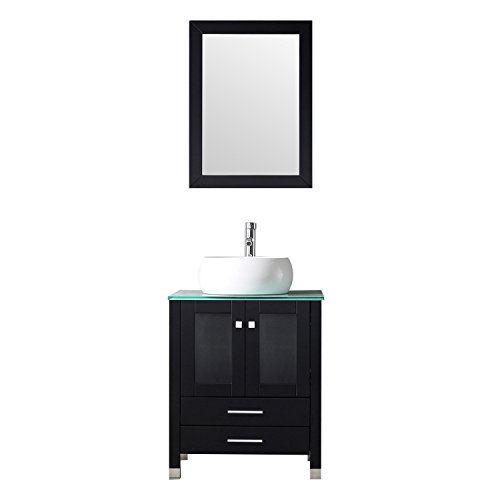 BATHJOY24 Inches Black Bathroom Vanity Set Wood Cabinet Top Round Ceramic Vessel Sink Faucet Combo with Mirrors