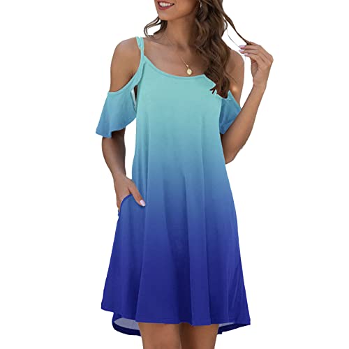 BNisBM Women Summer Casual Spaghetti Strap Sundress Dress Cold Shoulder Ruffle Sleeves Dresses With Pocket