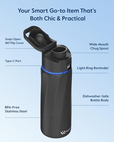 WATERH Boost Smart Water Bottle that Reminds You to Drink, BPA-Free Stainless Steel Vacuum Insulated Bottle, Wide Mouth Water Tracker Bottle with APP, Ideal for Father's Day, Black, 710 ml
