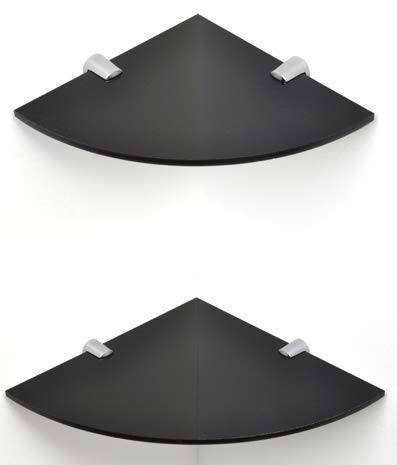 BSM Marketing SET OF 2 Wall Mounted Floating Acrylic Corner Shelves with Chrome Supports available in Clear, Black and White (Black, 200mm x 2)