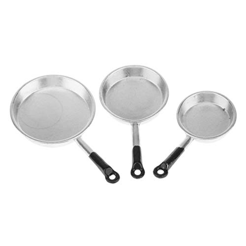 1/12 Scale 3pcs Dollhouse Miniature Metal Frying Pans Cooking Pot Cookware Kitchen Accessory Not Sticky Saucepan Pancake Po,Black