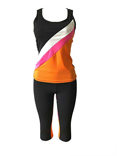 Women's Apparel Sports Gym Yoga Workout Activewear 2 Pieces Top+Leggings Set (L/XL = US Size 8-12, Pink/Orange Black Mix)