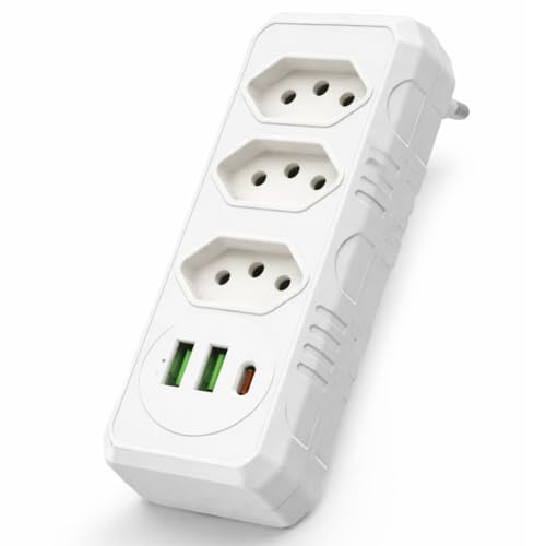 Extensão Elétrica/Benjamin com 3 Tomadas, 2 USB + USB-C – Régua de Energia e Adaptador de Tomada Premium