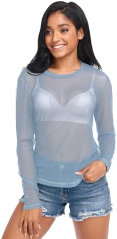 UMIRIKO Sexy Gradient Black Long Sleeve Sheer Tops for Women S