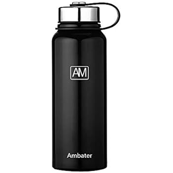 Ambater Vacuum Insulated Sports Bottle Wide Mouth Stainless Steel Water Bottle Portable Leak-Proof Flask for Hot and Cold Drinks, 37oz,38oz,26oz (38oz, Black)