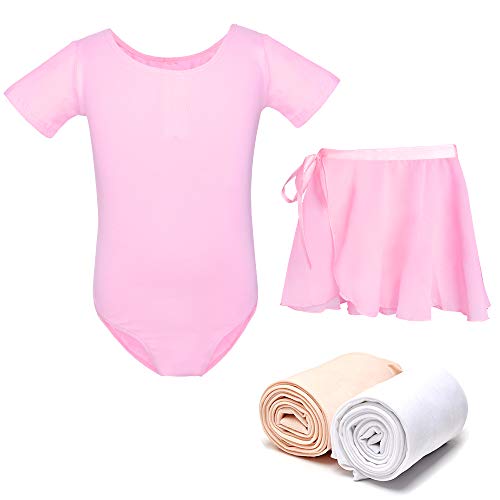 Hicdaw Ballet Leotard Dance Leotard Short Sleeve Ballet Leotard for Girls with Separated Skirt and Dance Tight Pink